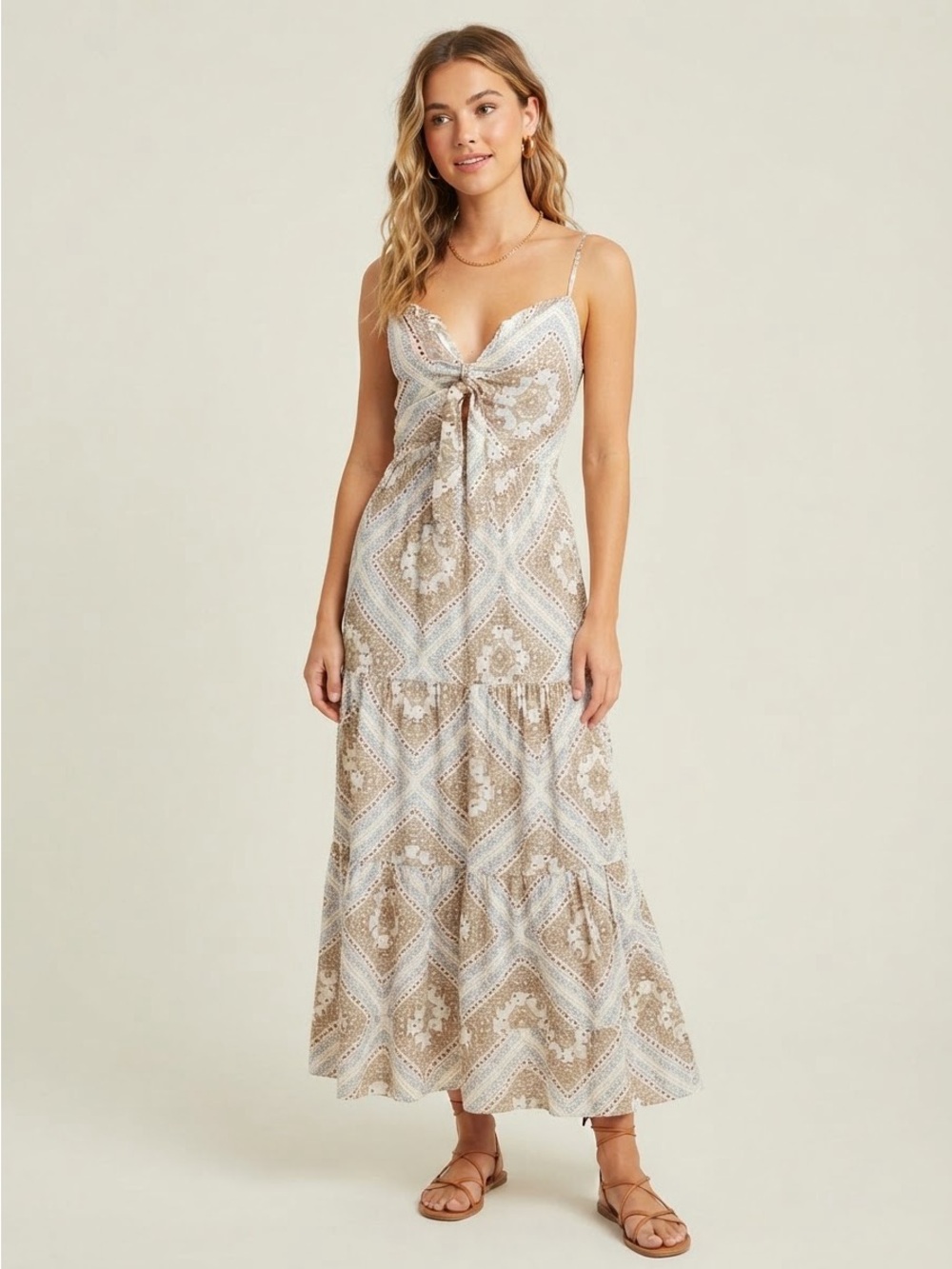Tie-Front Maxi Dress in Soft Beige Paisley